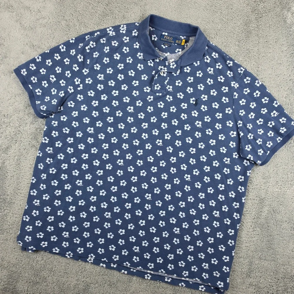Polo Ralph Lauren Polo Shirt Mens XXL Blue Hibiscus Floral Classic Fit Cotton